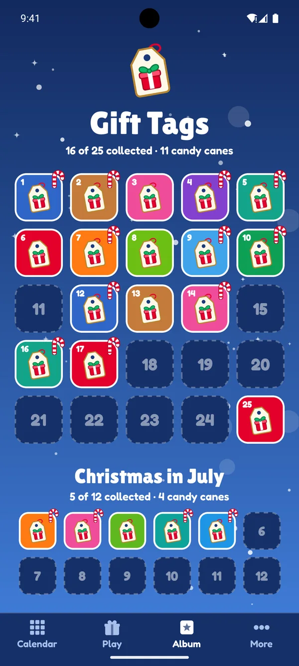 The MerryWrap Gift Tags album: 16 of 25 collected with 11 candy canes, plus five Christmas in July tags