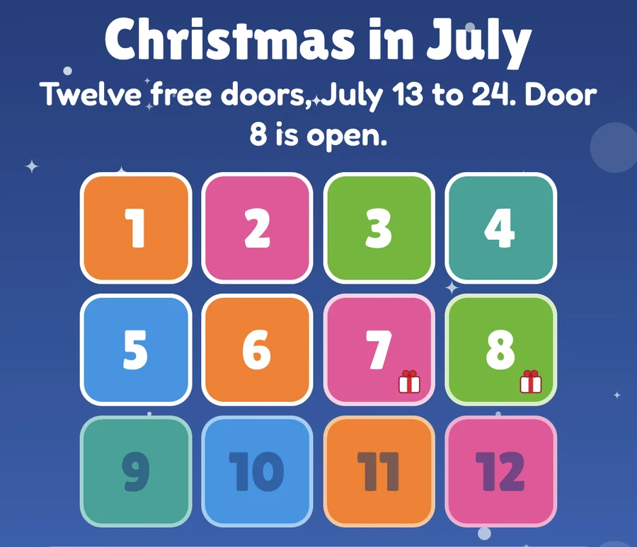 MerryWrap Christmas in July calendar with twelve colorful doors